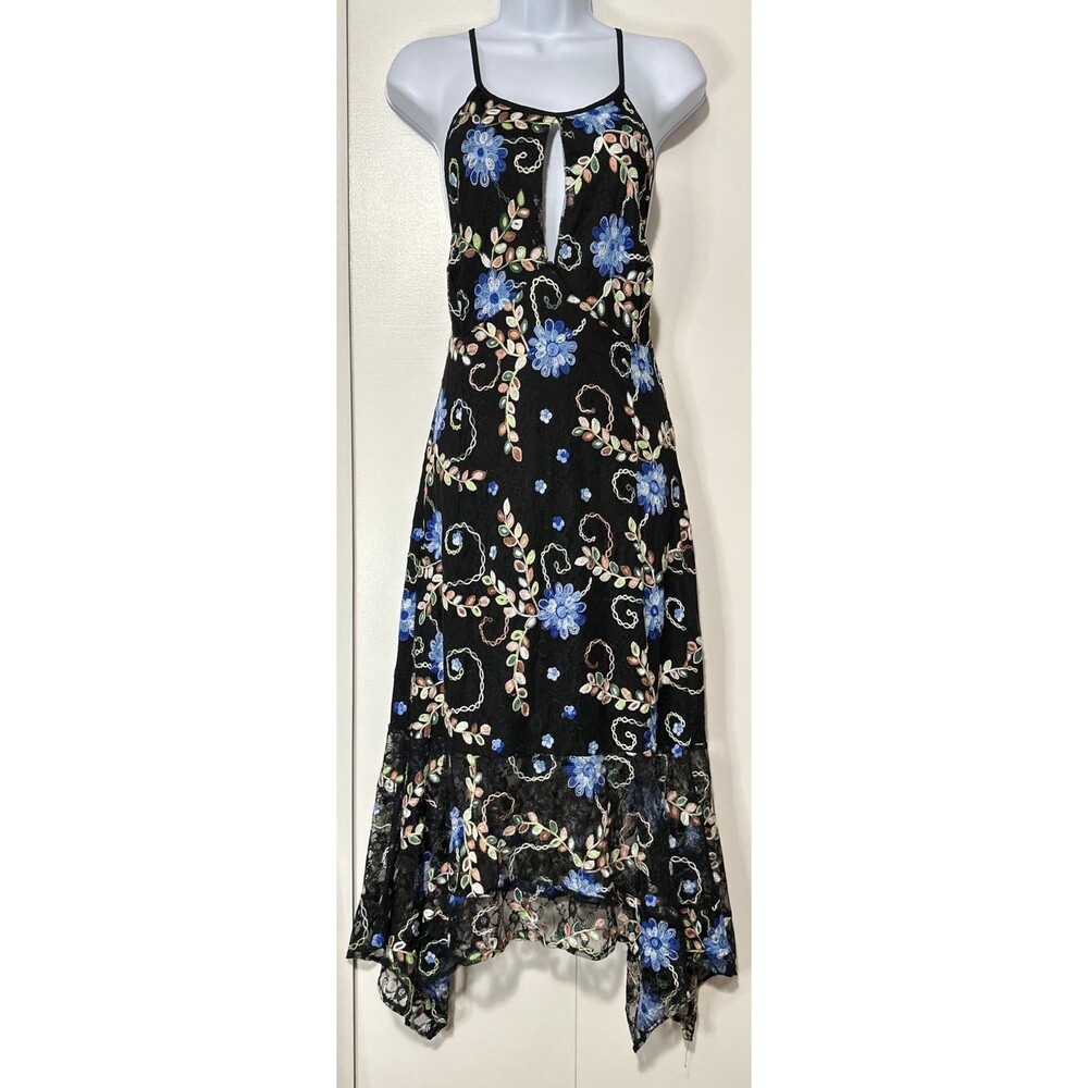 VENUS Black Floral Embroidered Lace Halter Midi Dress Large 12 Handkerchief Hem
